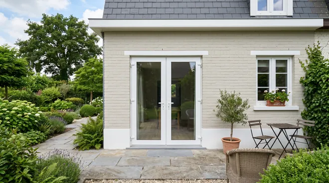 AFTER photo — double-leaf PVC French door, flat threshold