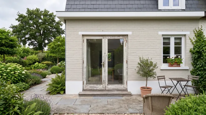 BEFORE photo — old single-glazed French door, high threshold