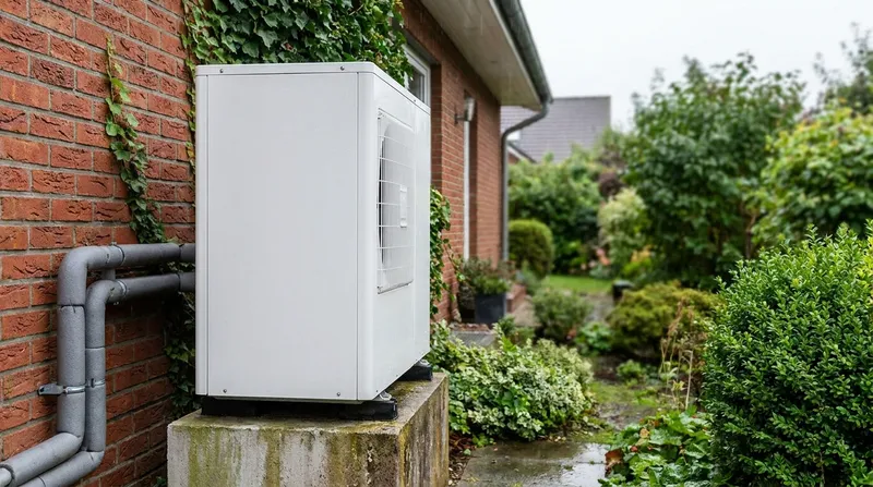 Unité extérieure de pompe à chaleur air-eau installée près d’une maison
