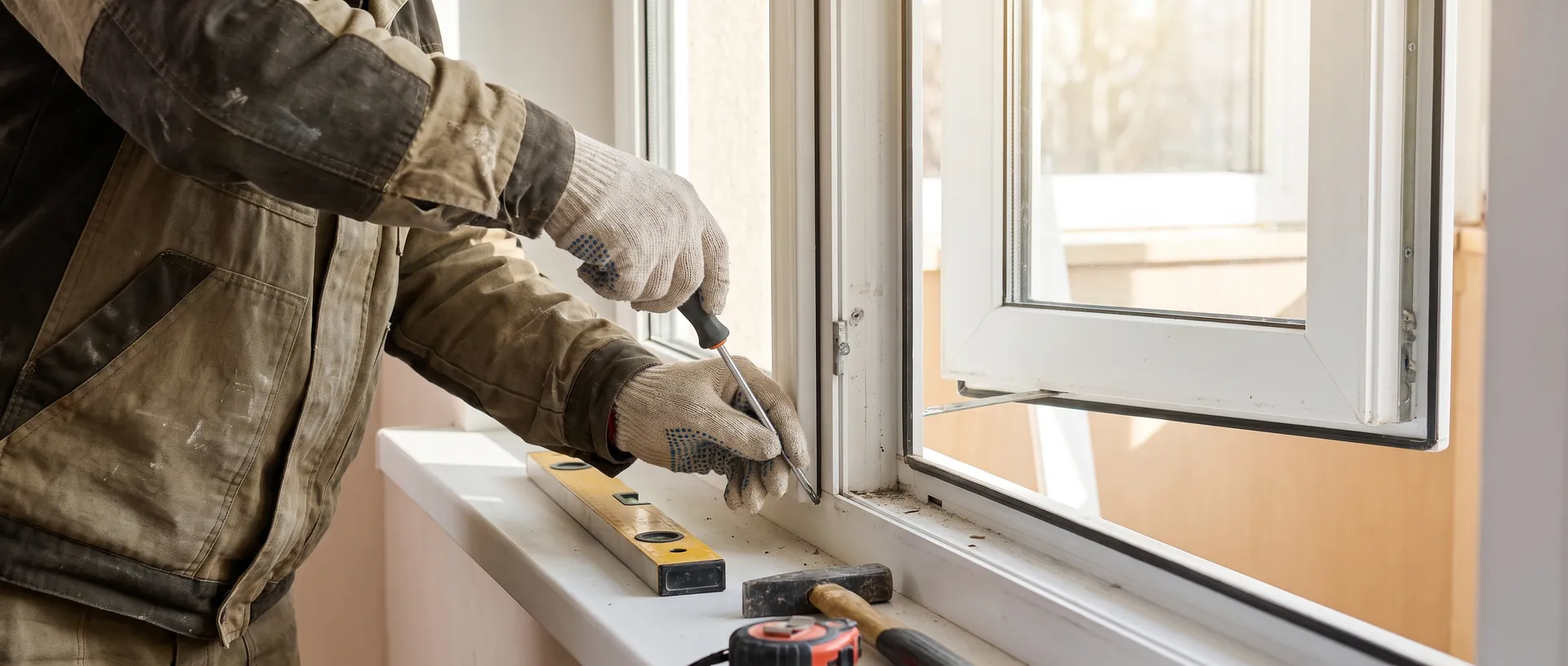 Wendows technician repairing a window frame