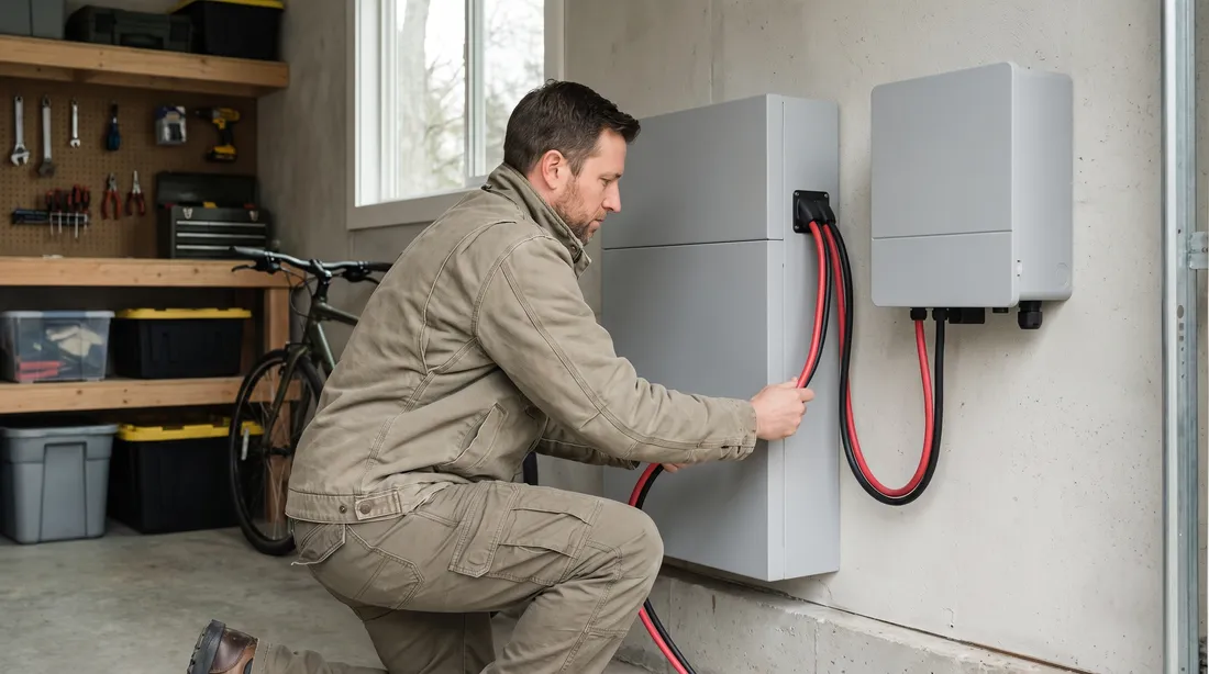 Foto — wendows-installateur die een aan de muur bevestigde LFP-thuisbatterij in een garage monteert